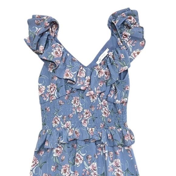 Floret Studios blue floral v neck smocked ruffle midi dress high slit size small - Picture 6 of 14